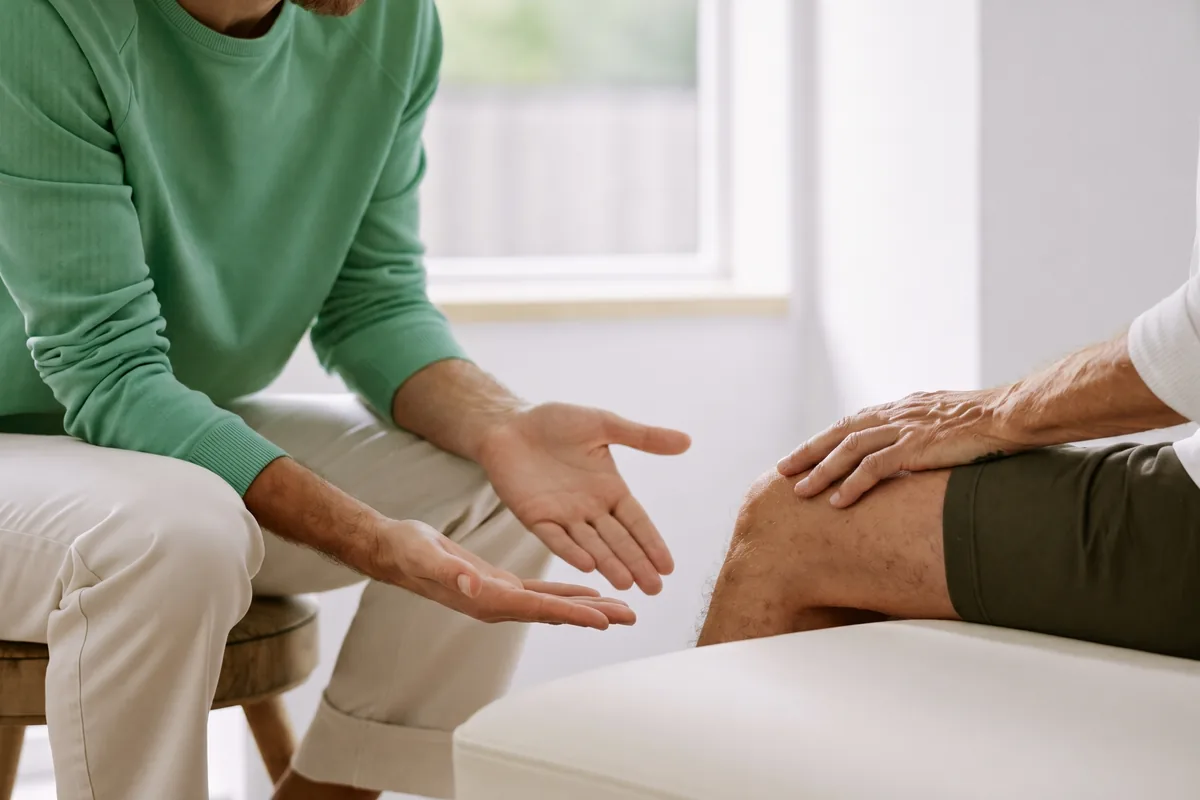 Therapeut sitzt einem Patienten gegenüber und erklärt ihm die Beschwerden am Knie